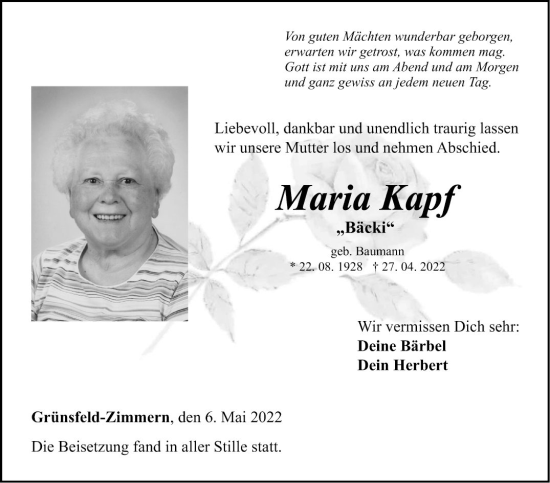 Traueranzeige von Maria Kapf von Fränkische Nachrichten