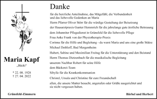 Traueranzeige von Maria Kapf von Fränkische Nachrichten