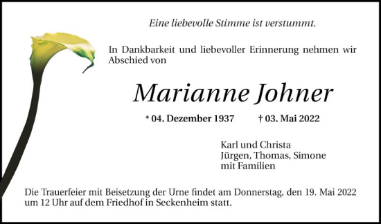 Traueranzeige von Marianne Johner von Mannheimer Morgen
