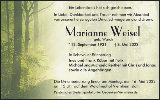 Traueranzeige von Marianne Weisel von Mannheimer Morgen