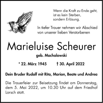 Traueranzeige von Marieluise Scheurer von Bergsträßer Anzeiger