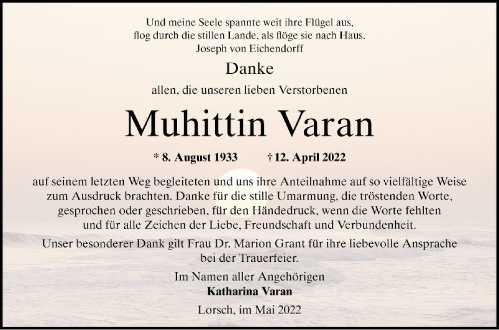 Traueranzeige für Muhittin Varan vom 07.05.2022 aus Bergsträßer Anzeiger
