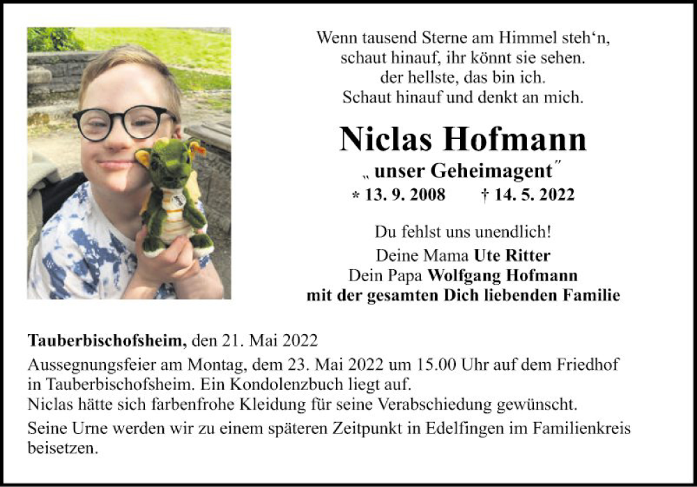  Traueranzeige für Niclas Hofmann vom 21.05.2022 aus Fränkische Nachrichten