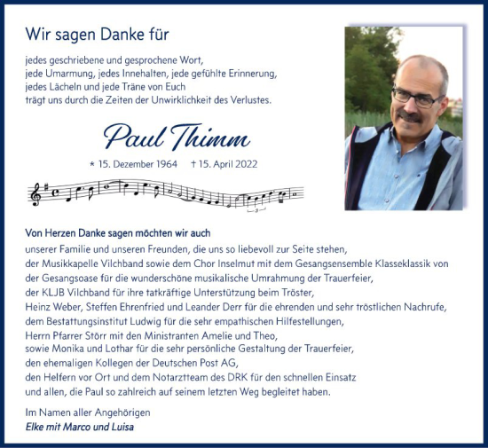 Traueranzeige von Paul Thimm von Fränkische Nachrichten