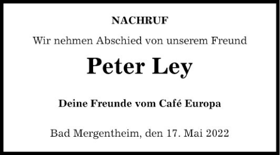 Traueranzeige von Peter Ley von Fränkische Nachrichten