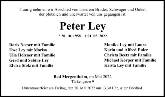 Traueranzeige von Peter Ley von Fränkische Nachrichten