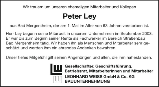 Traueranzeige von Peter Ley von Fränkische Nachrichten