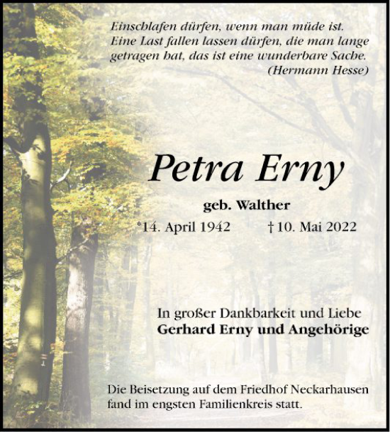 Traueranzeige von Petra Erny von Mannheimer Morgen