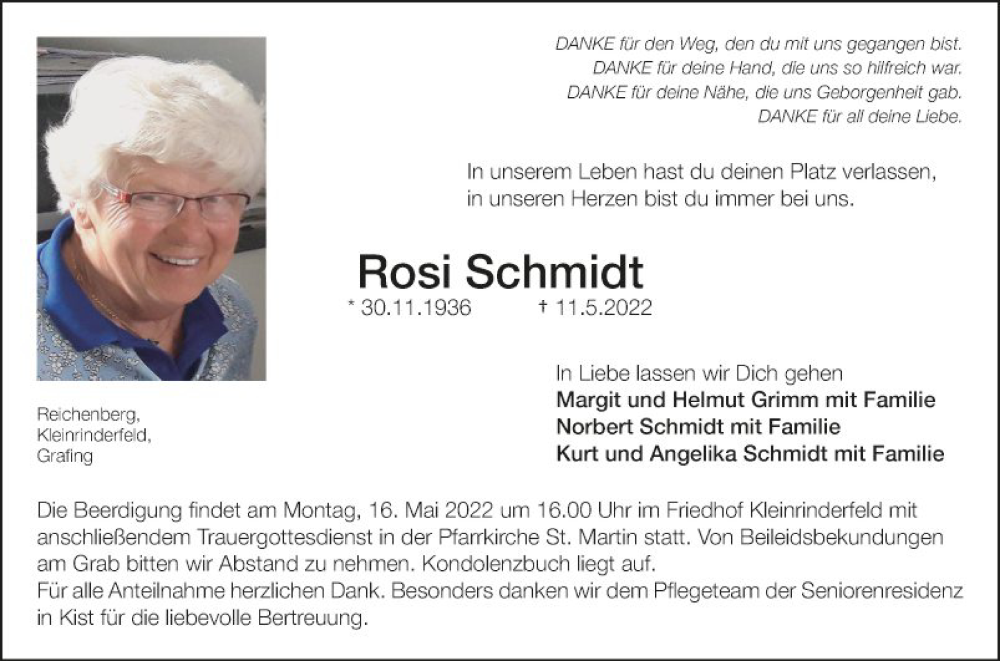  Traueranzeige für Rosi Schmidt vom 14.05.2022 aus Fränkische Nachrichten