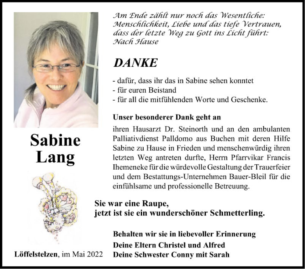  Traueranzeige für Sabine Lang vom 21.05.2022 aus Fränkische Nachrichten