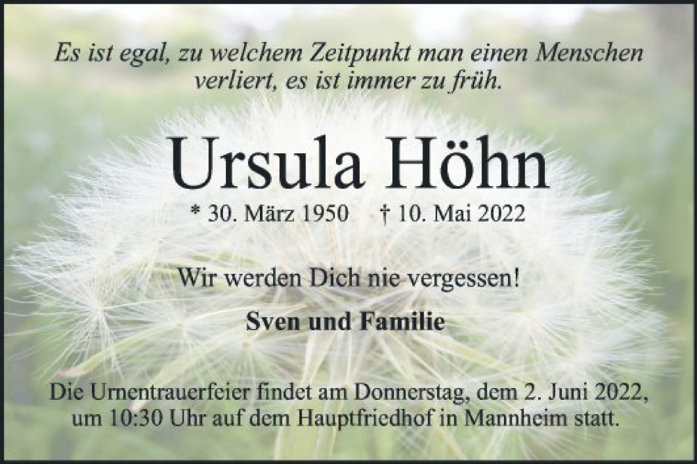  Traueranzeige für Ursula Höhn vom 28.05.2022 aus Mannheimer Morgen