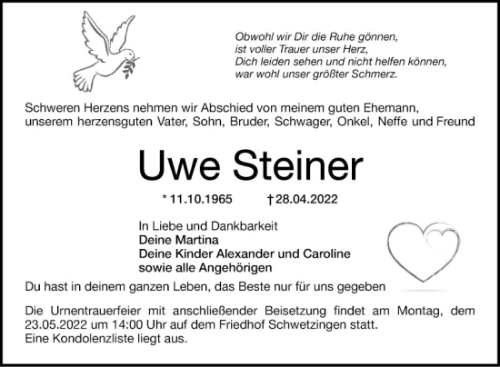 Traueranzeige von Uwe Steiner von Schwetzinger Zeitung