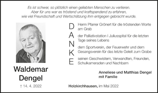 Traueranzeige von Waldemar Dengel von Fränkische Nachrichten