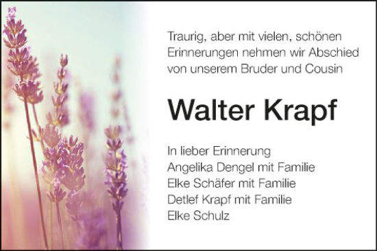 Traueranzeige von Walter Krapf von Fränkische Nachrichten