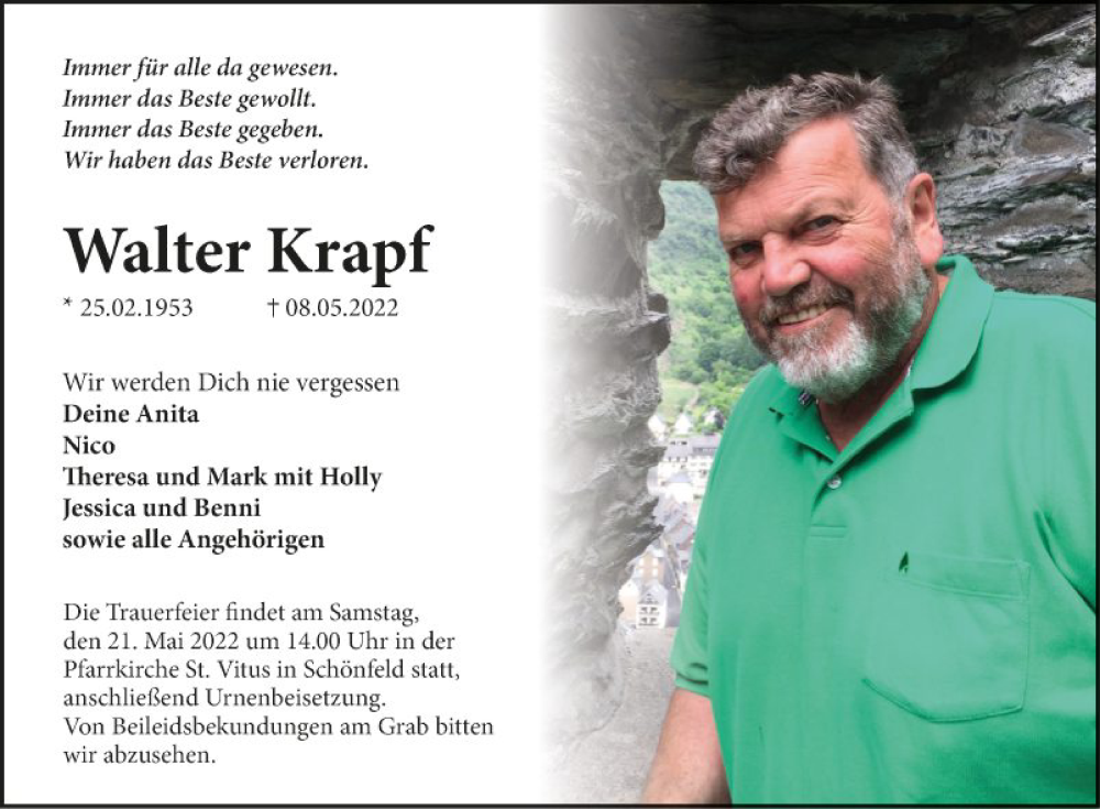  Traueranzeige für Walter Krapf vom 14.05.2022 aus Fränkische Nachrichten