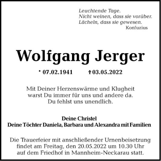 Traueranzeige von Wolfgang Jerger von Mannheimer Morgen
