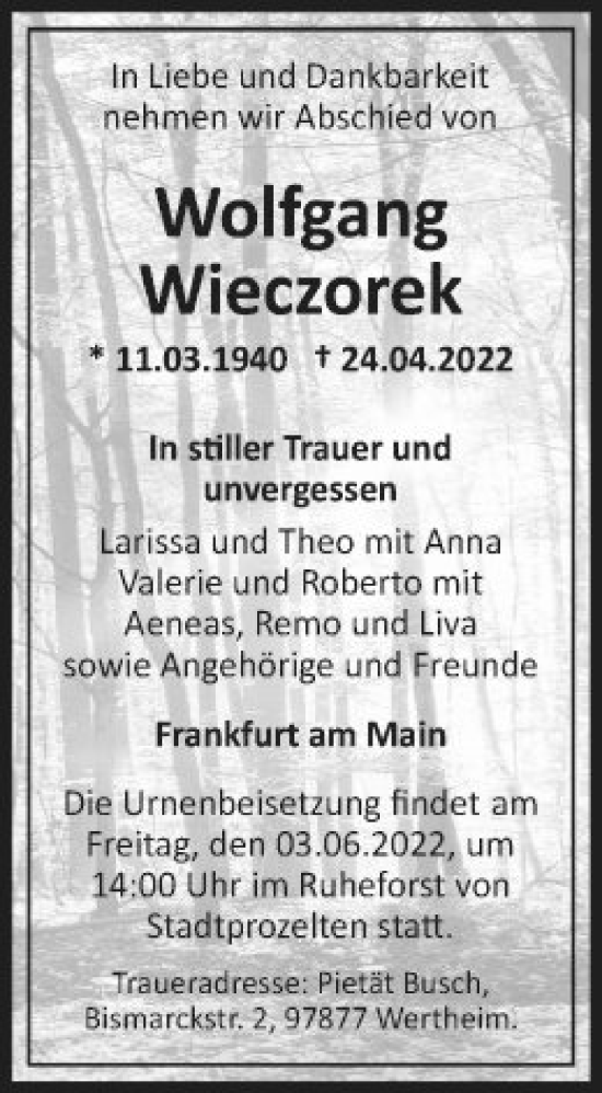 Traueranzeige von Wolfgang Wieczorek von Mannheimer Morgen