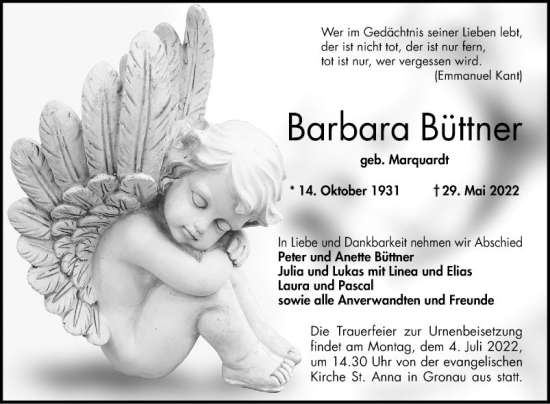 Traueranzeige von Barbara Büttner von Bergsträßer Anzeiger