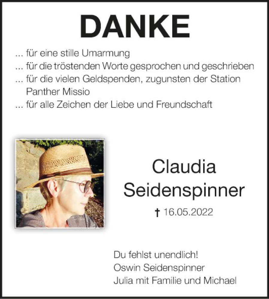  Traueranzeige für Claudia Seidenspinner vom 18.06.2022 aus Fränkische Nachrichten