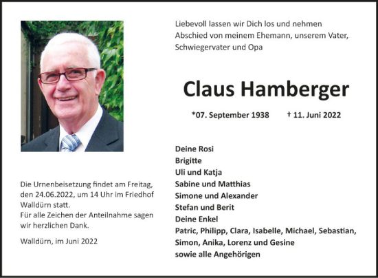 Traueranzeige von Claus Hamberger von Fränkische Nachrichten
