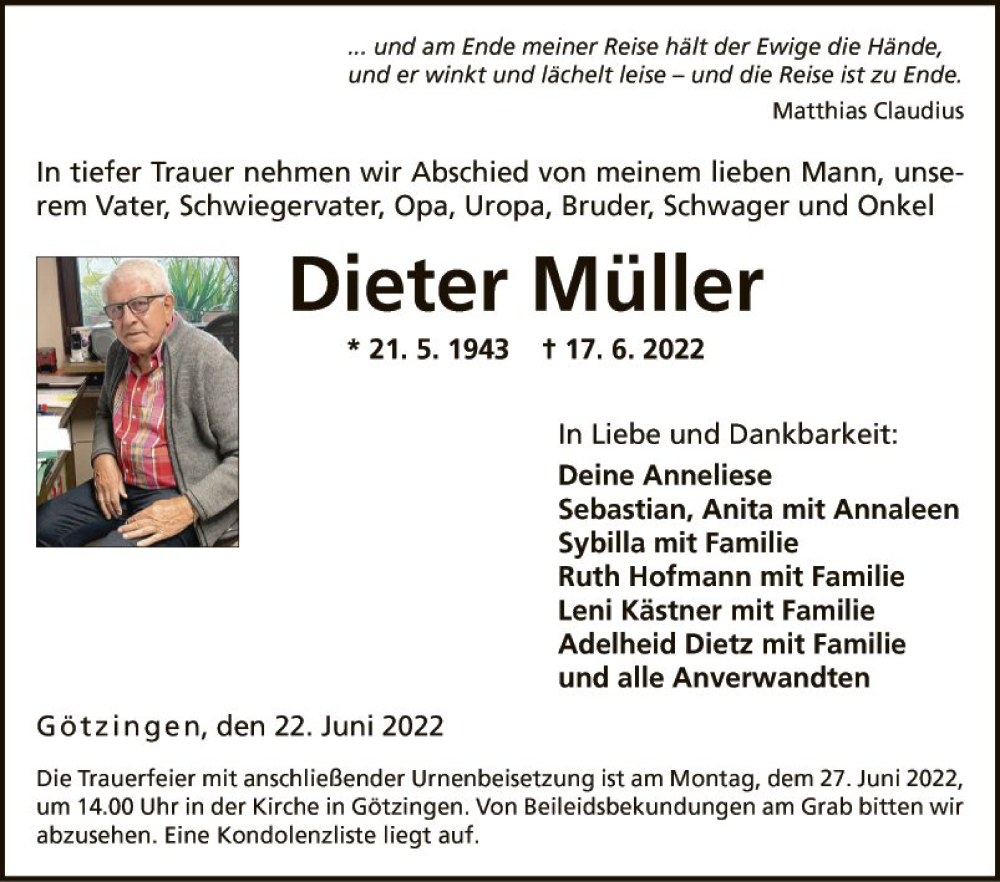  Traueranzeige für Dieter Müller vom 22.06.2022 aus Fränkische Nachrichten