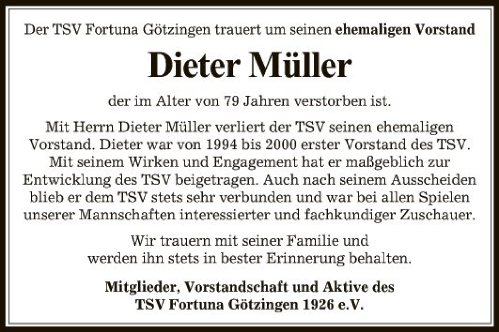  Traueranzeige für Dieter Müller vom 24.06.2022 aus Fränkische Nachrichten