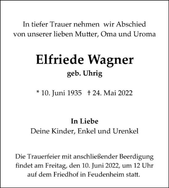 Traueranzeige von Elfriede Wagner von Mannheimer Morgen