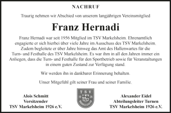 Traueranzeige von Franz Hernadi von Fränkische Nachrichten