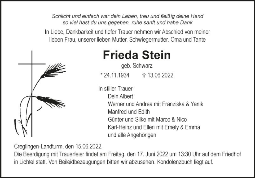  Traueranzeige für Frieda Stein vom 15.06.2022 aus Fränkische Nachrichten