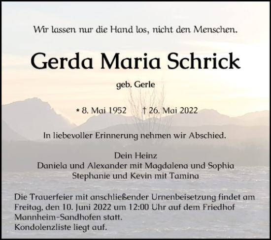 Traueranzeige von Gerda Maria Schrick von Mannheimer Morgen
