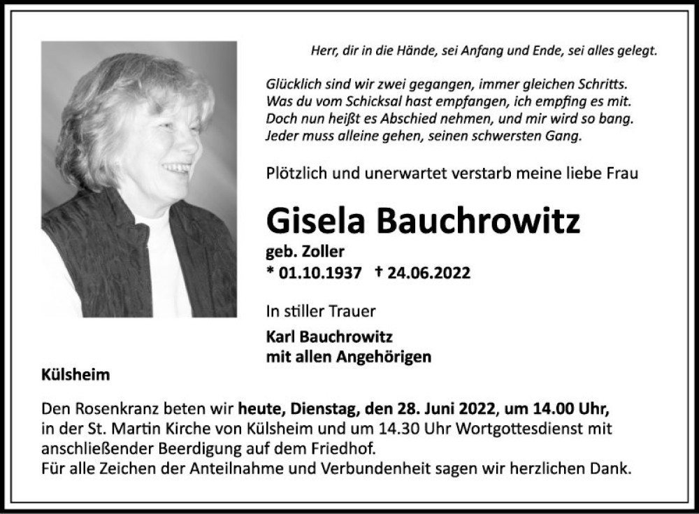  Traueranzeige für Gisela Bauchrowitz vom 28.06.2022 aus Fränkische Nachrichten