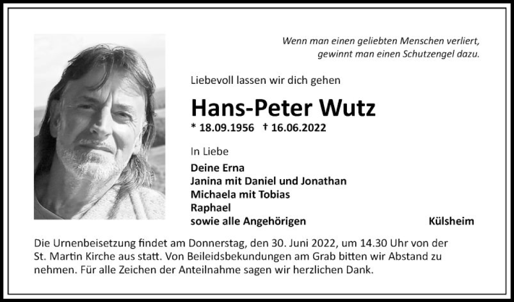  Traueranzeige für Hans-Peter Wutz vom 25.06.2022 aus Fränkische Nachrichten