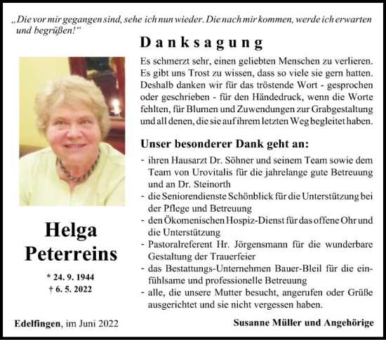 Traueranzeige von Helga Peterreins von Fränkische Nachrichten