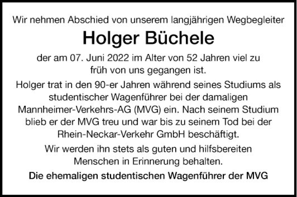  Traueranzeige für Holger Büchele vom 18.06.2022 aus Mannheimer Morgen