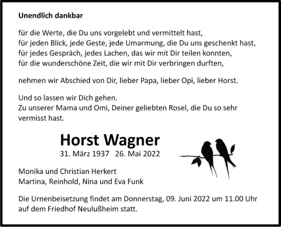 Traueranzeige von Horst Wagner von Schwetzinger Zeitung