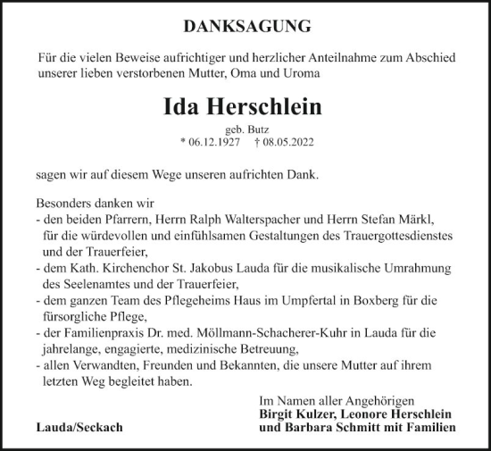 Traueranzeige von Ida Herschlein von Fränkische Nachrichten