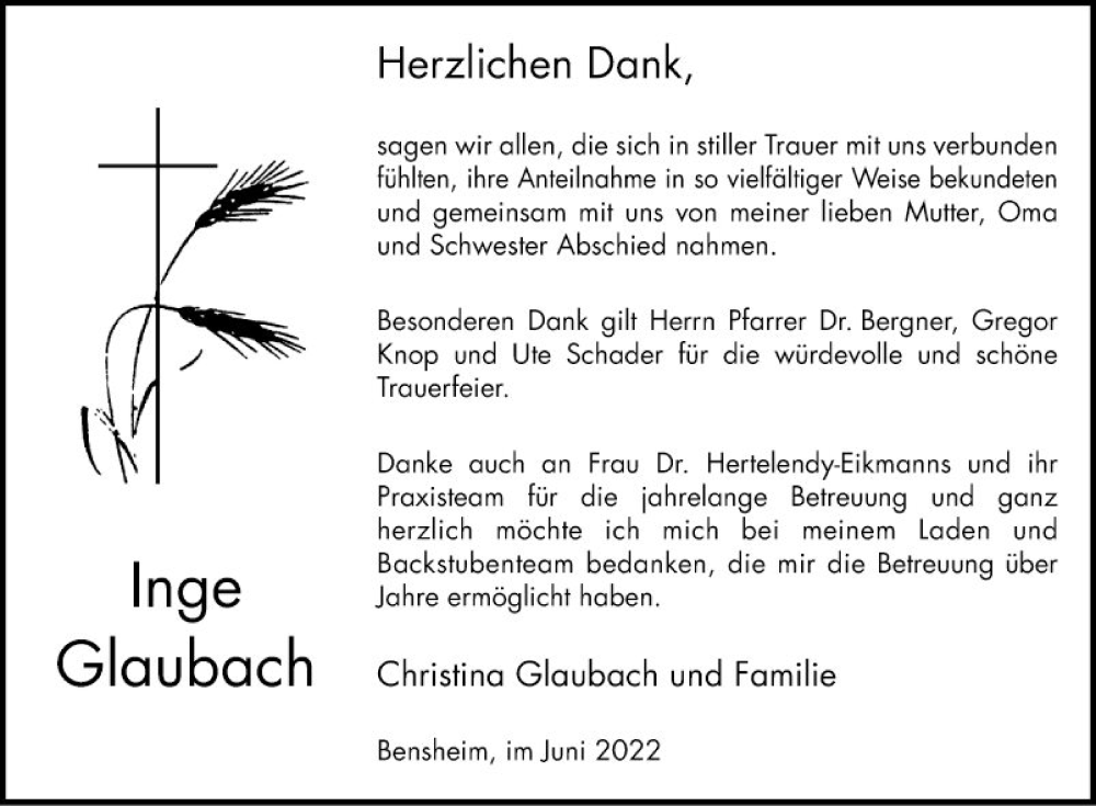  Traueranzeige für Inge Glaubach vom 25.06.2022 aus Bergsträßer Anzeiger