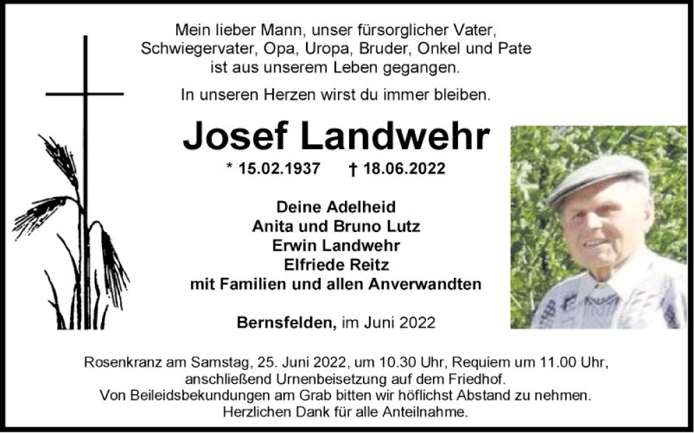  Traueranzeige für Josef Landwehr vom 22.06.2022 aus Fränkische Nachrichten