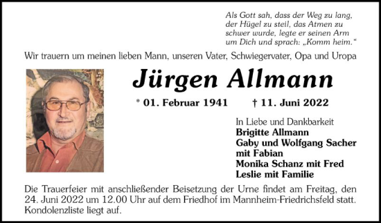 Traueranzeige von Jürgen Allmann von Mannheimer Morgen