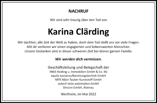 Traueranzeige von Karina Clärding von Fränkische Nachrichten