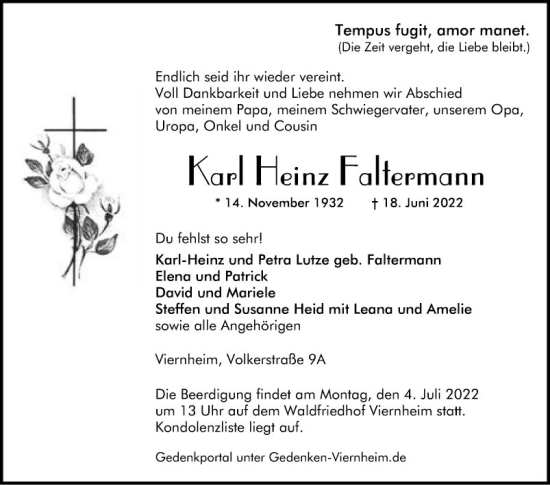 Traueranzeige von Karl Heinz Faltermann von Mannheimer Morgen