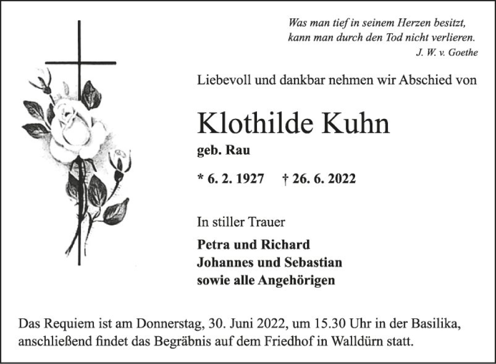  Traueranzeige für Klothilde  Kuhn vom 28.06.2022 aus Fränkische Nachrichten