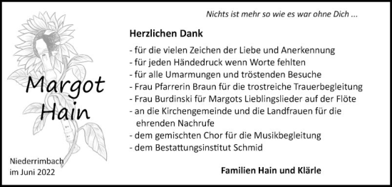 Traueranzeige von Margot Hain von Fränkische Nachrichten