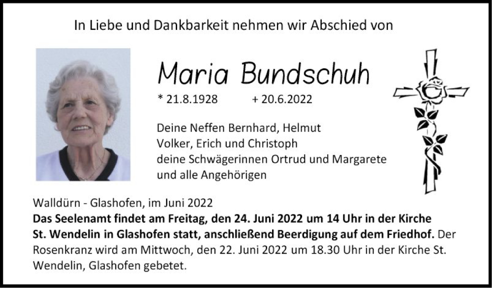  Traueranzeige für Maria Bundschuh vom 22.06.2022 aus Fränkische Nachrichten