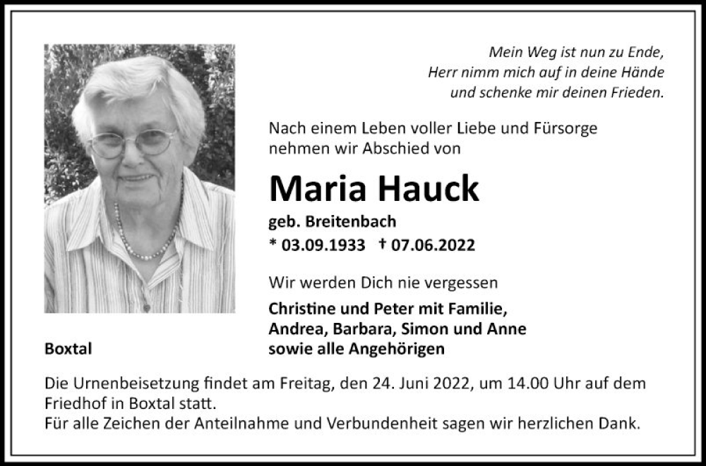 Traueranzeige für Maria Hauck vom 18.06.2022 aus Fränkische Nachrichten