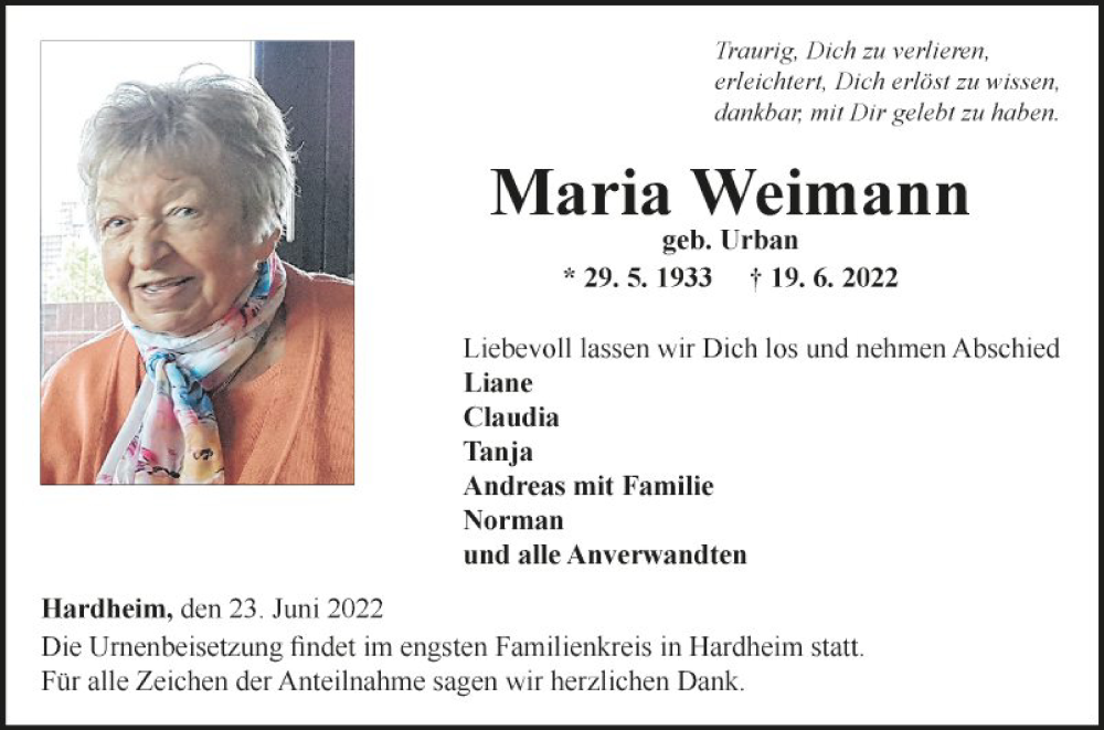  Traueranzeige für Maria Weimann vom 23.06.2022 aus Fränkische Nachrichten
