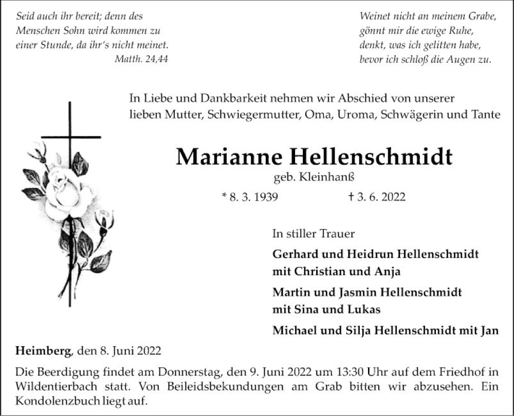  Traueranzeige für Marianne Hellenschmidt vom 08.06.2022 aus Fränkische Nachrichten