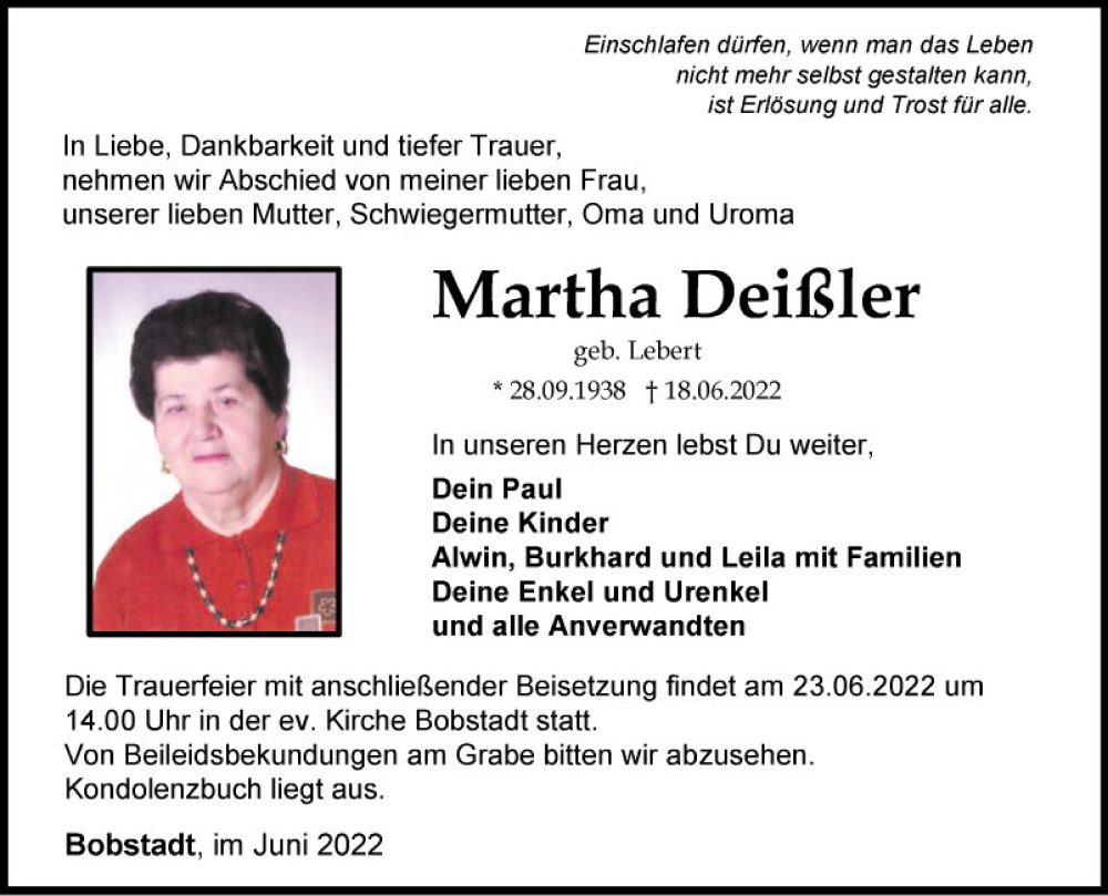  Traueranzeige für Martha Deißler vom 22.06.2022 aus Fränkische Nachrichten