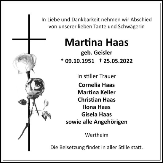 Traueranzeige von Martina Haas von Fränkische Nachrichten