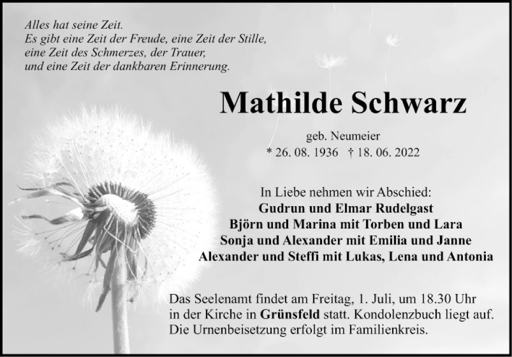 Traueranzeige für Mathilde Schwarz vom 22.06.2022 aus Fränkische Nachrichten